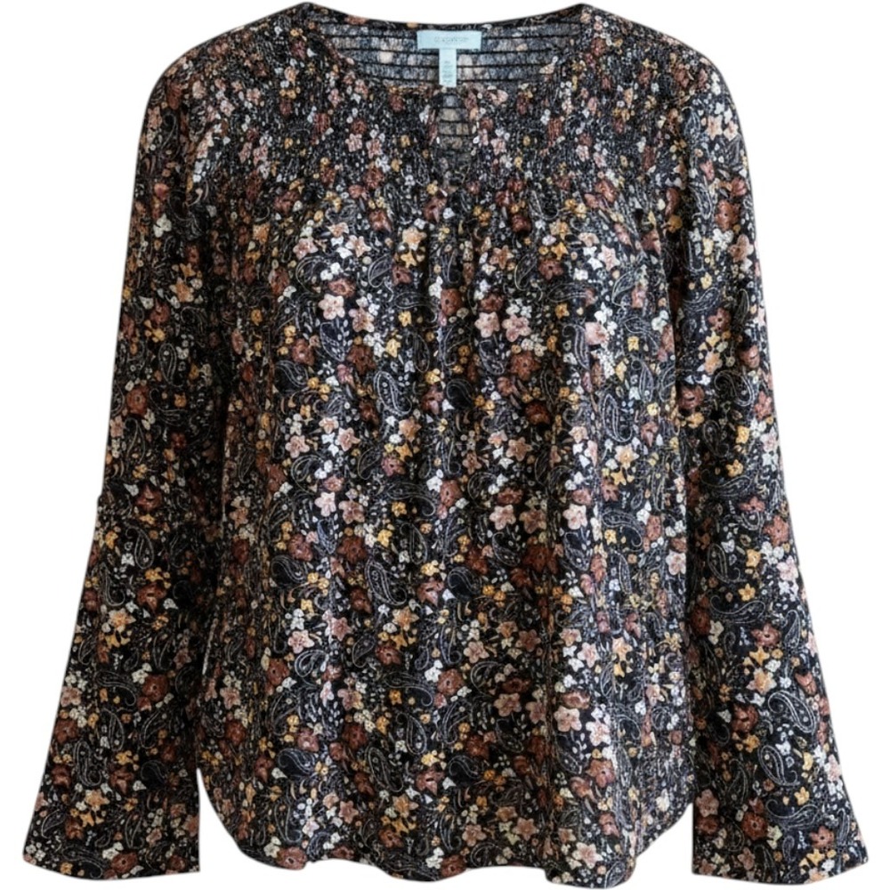 J. Jill Womens Floral Paisley Smocked Blouse Long Sleeve Black Brown Large